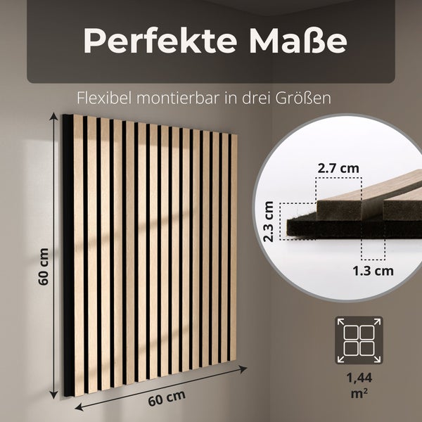 Akustikpaneel mit Holzlamellen, 60 mal 60 Zentimeter, Stärke 2,3 Zentimeter, Lamellenbreite 2,7 Zentimeter, Fläche 1,44 Quadratmeter.