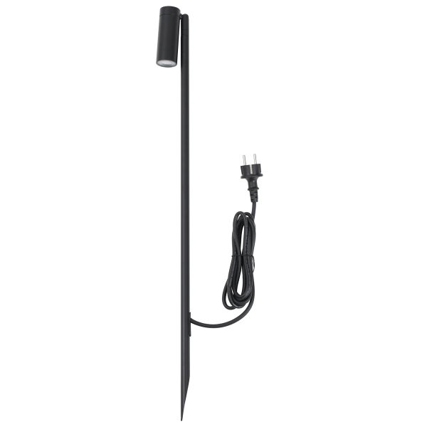 Schwarzer LED-Gartenstrahler mit Erdspieß und Netzkabel mit Stecker.