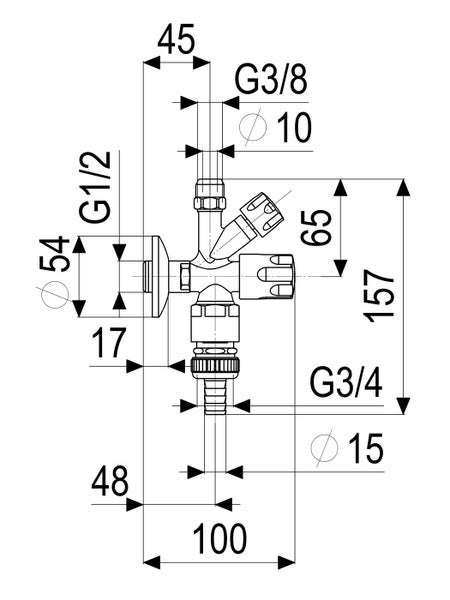 Technische Zeichnung eines Eckventils mit Maßen und Anschlussgrößen G1/2, G3/8 und G3/4.
