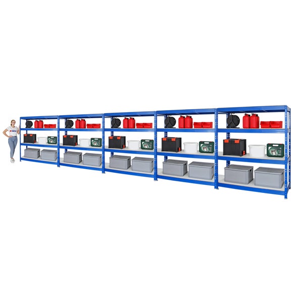 PROREGAL Mega Deal 5x Profi Schwerlastregal Rhino HxBxT 180 x 160 x 60 cm 4 Melamin-Ebenen 16mm Fachlast 500 kg Blau