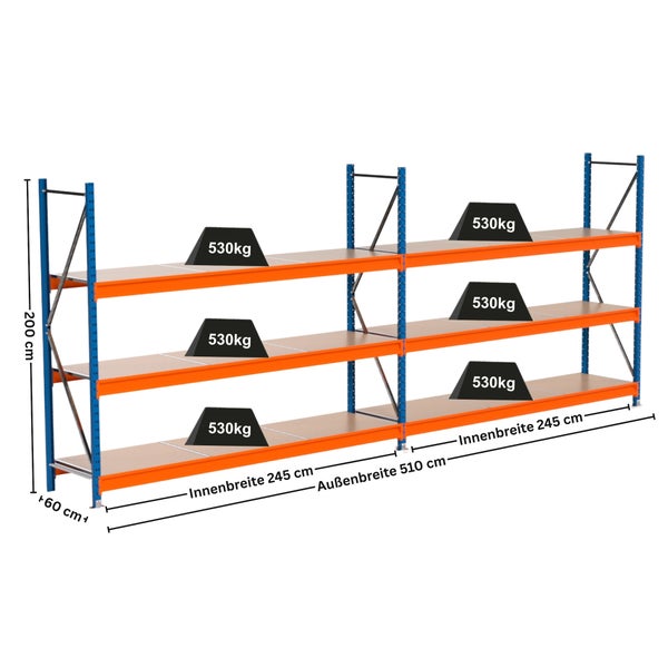 Lagerregal mit drei Ebenen und Gewichtsangaben
