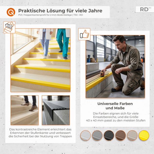 PVC Treppenkantenprofil 40 mal 40 Millimeter für Bodenbeläge, Anwendung auf Treppen zur Erhöhung der Sicherheit und Montage durch Fachkraft.