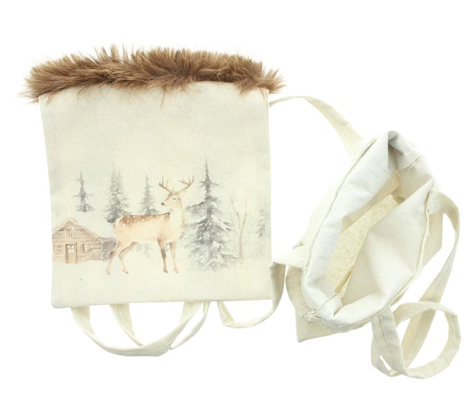 Dekorative Geschenktasche aus Stoff mit Hirschmotiv und Kunstfellrand