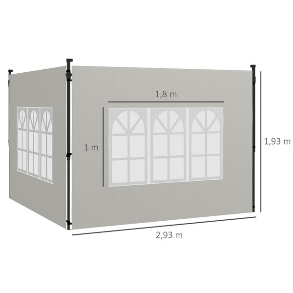 Graue Pavillon-Seitenteile mit Bogenfenstern, Breite 2,93 Meter, Höhe 1,93 Meter, Fensterfläche 1,8 Meter mal 1 Meter.