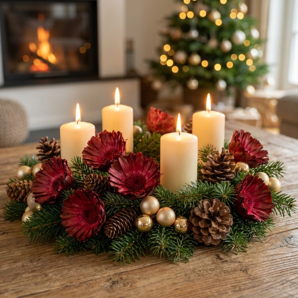 Adventskranz mit vier brennenden Stumpenkerzen, Tannenzweigen, Zapfen und roten Blüten auf einem Holztisch vor einem Kamin.