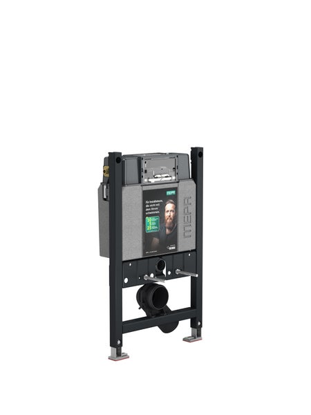 MEPA Vorwandelement für WC mit Spülkasten und Metallrahmen für die Trockenbauinstallation sowie MEPA Logo.