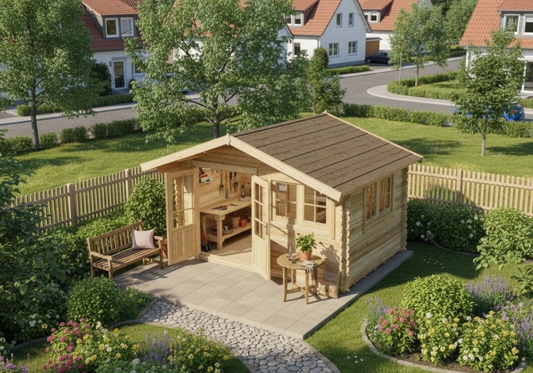 Holzgartenhaus mit Werkbank, Bank und Gartentisch im Garten
