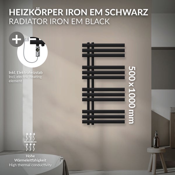 LuxeBath Elektrischer Badheizkörper Iron EM 500x1000mm Schwarz matt inkl. Heizstab 300W Chrom mit Thermostat Digitalanzeige, Handtuchheizkörper mit Heizpatrone, Elektro Handtuchwärmer Paneelheizkörper