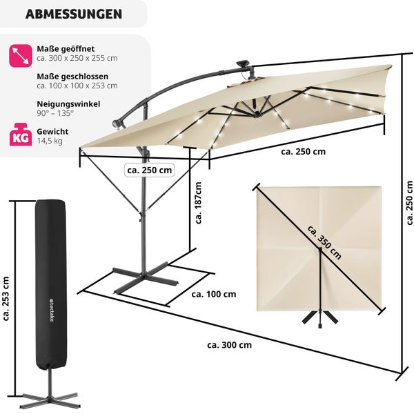 Sonnenschirm tectake Sunna wasserabweisend, inkl. Windsicherung und Schutzhülle 250 x 250 cm mit LED Solar-Beleuchtung beige