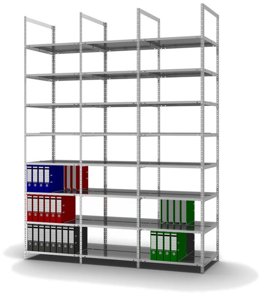 PROREGAL Aktenregal Schraubsystem Grundregal HxBxT 290 x 75 x 60 cm 8 Ebenen Fachlast 90 kg Ohne Deckboden Beidseitig Nutzbar Verzinkt
