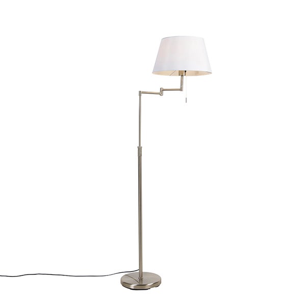 QAZQA - Modern Stehlampe aus Stahl I Silber I nickel matt mit weißem Schirm und verstellbarem Arm - Ladas Deluxe I Wohnzimmer I Schlafzimmer - Textil Rund - LED geeignet E27