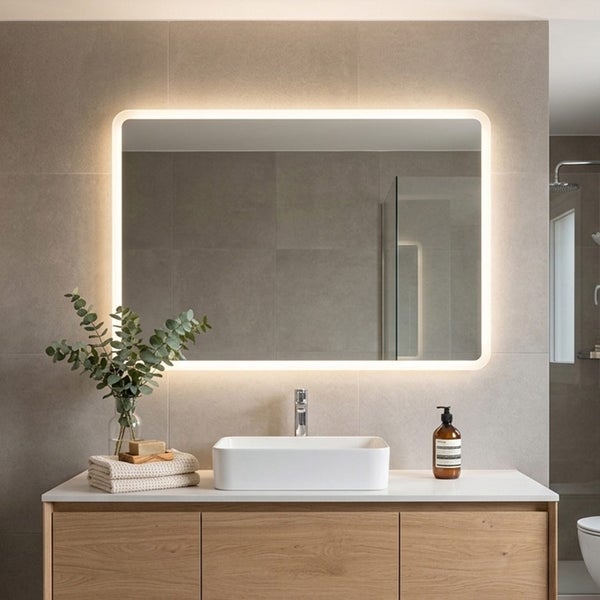 Rechteckiger Badezimmerspiegel mit LED-Beleuchtung und abgerundeten Ecken über einem Aufsatzwaschbecken und einem Waschtischunterschrank in Holzoptik.
