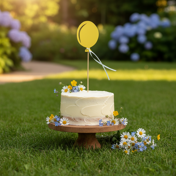 Kleiner weißer Kuchen auf einem Tortenständer aus Holz, dekoriert mit Wildblumen und einem Ballon-Topper, im Garten auf einer Wiese.
