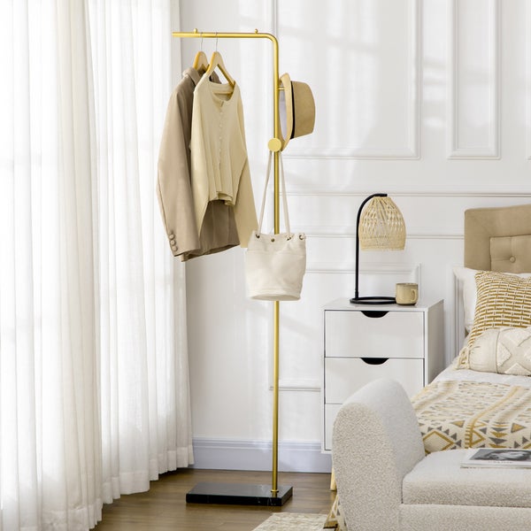 HOMCOM Garderobenständer, Kleiderständer mit Haken Marmor Basis Garderobe für Kleidung, Hüte, für Wohnzimmer, Eingang, 35 x 25 x 170 cm, Gold+Schwarz