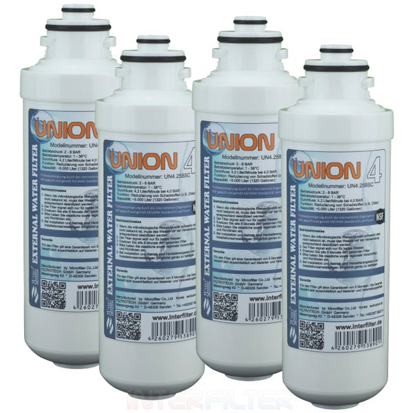 Vier Union External Water Filter Wasserfilter Kartuschen zur Reduzierung von Schadstoffen im Trinkwasser mit technischem Datenaufdruck