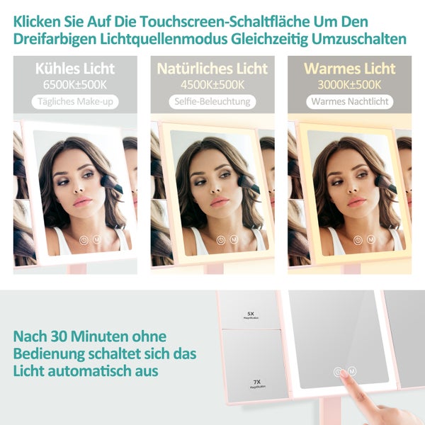 EMKE Kosmetikspiegel mit LED Beleuchtung 315 x 180 x 233 mm, Dimmbar, Touch-Schalter, 5x/7x Vergrößerung, Dreifach Faltbar & Drehbar, Tragbarer, USB/Batterie, Rosa