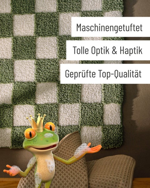 Grün-weiß karierter Badeteppich, maschinengetuftet, hochwertige Qualität und angenehme Haptik.