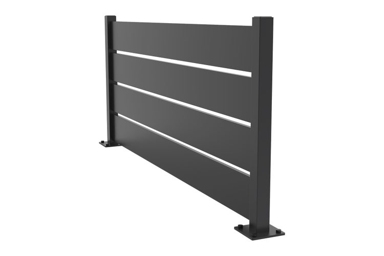 Sichtschutzzaun aus Metall in Anthrazit mit horizontalen Lamellen und zwei Pfosten inklusive Bodenplatten.