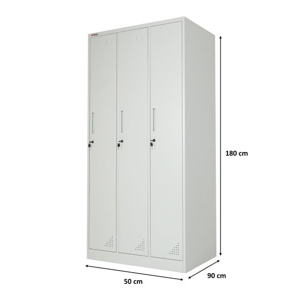 Metall-Garderobenschrank in Lichtgrau mit drei Abteilen, Proregal Logo, Maße 180 mal 50 mal 90 Zentimeter, abschließbare Türen.