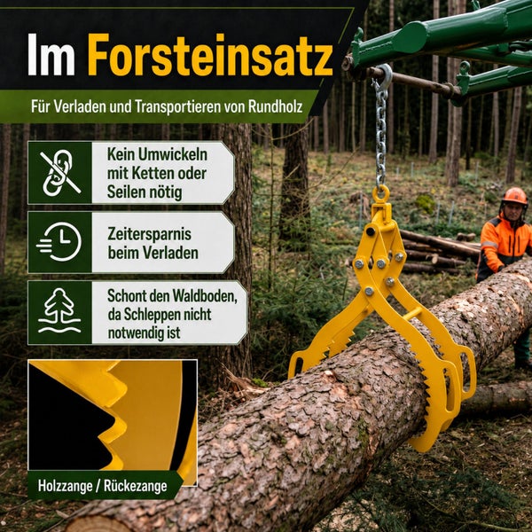 Holzzange für den Forsteinsatz zum einfachen und bodenschonenden Verladen und Transportieren von Rundholz.
