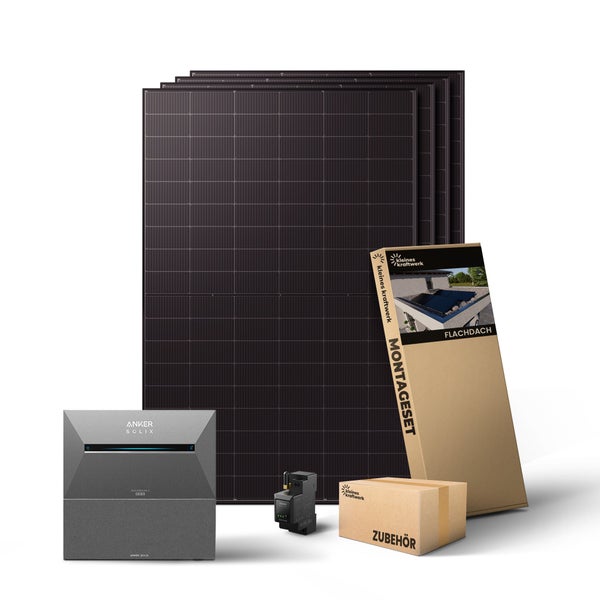 Balkonkraftwerk-Komplettset mit mehreren Solarmodulen, Anker Solix Solarbank 2 Pro Speicher, Flachdach-Montageset, Smart Meter und Zubehör.