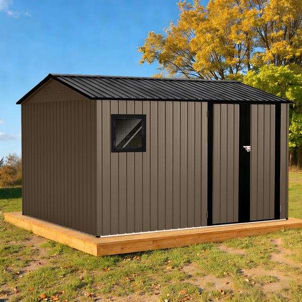 Gartenschuppen aus Metall mit Fenster und Doppeltür auf Holzfundament