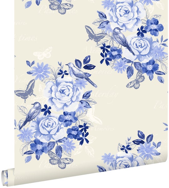 ESTAhome Tapete Blumen und Vögel Indigoblau - 53 cm x 10,05 m - 138124