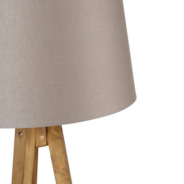 Detail einer Stehlampe mit Lampenschirm und Holzfuß