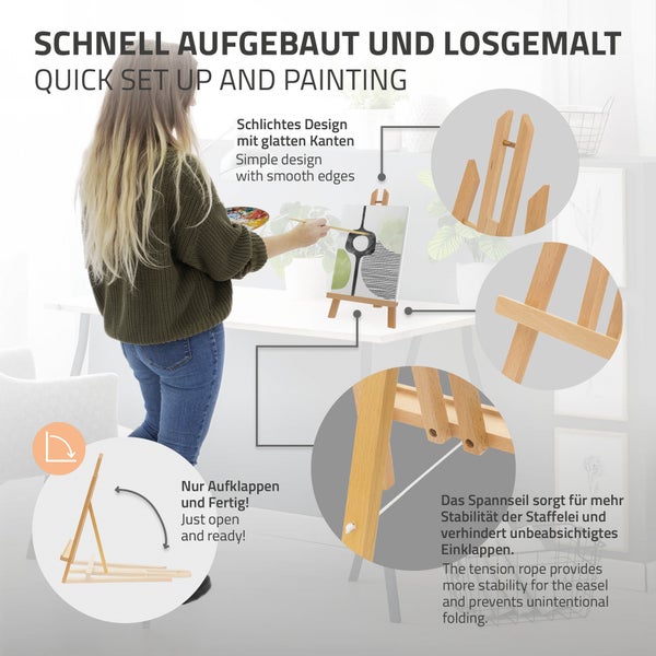 ECD Germany Tischstaffelei klappbar, Sitzstaffelei verstellbar aus Holz, Mini Staffelei zum Malen für Leinwänden & Keilrahmen bis 40cm, Tragbare Mal- und Ausstellungsstaffelei Holzstaffelei Bildhalter