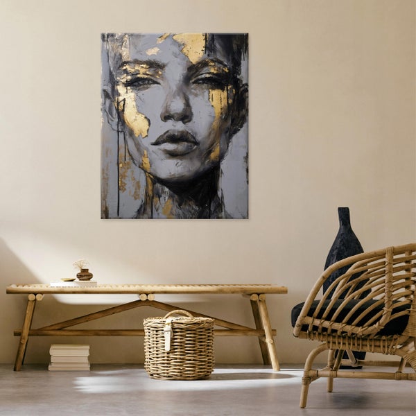 Leinwandbild Abstrakt Frau Grau Gold Schlafzimmer Wohnzimmer Bilder 100x70 cm