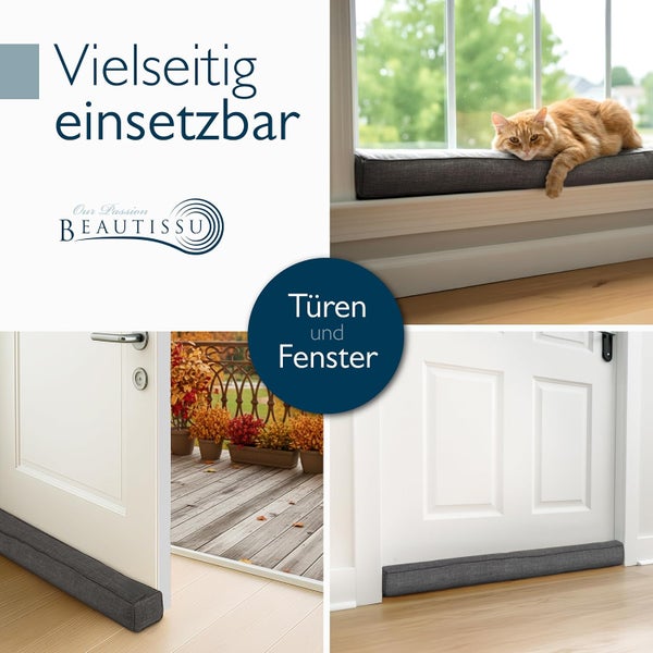 Beautissu Logo. Vielseitiger Zugluftstopper für Türen und Fenster, einsetzbar als Kälteschutz am Boden oder als Auflage auf der Fensterbank.