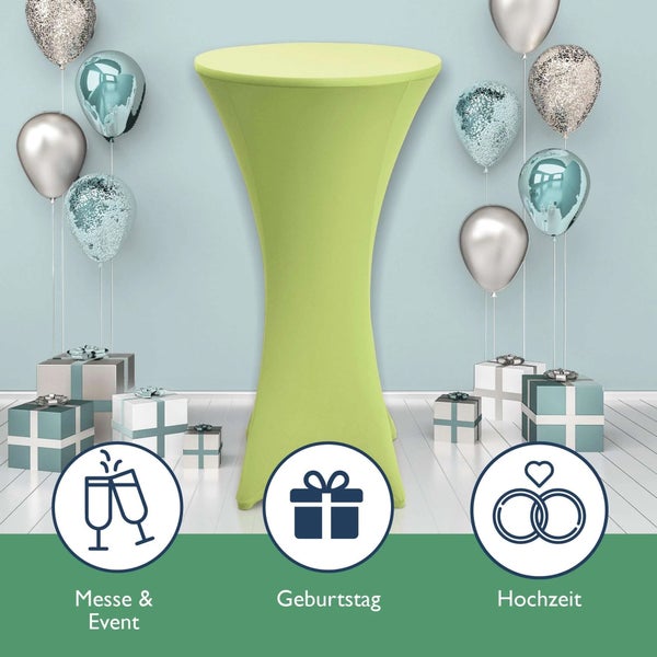 Stehtisch mit Stretchhusse, Ballons und Geschenken für Messe, Geburtstag und Hochzeit