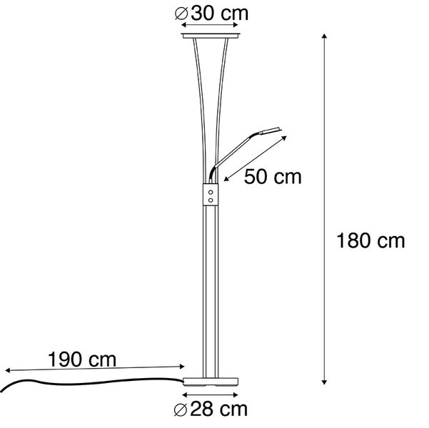 Abmessungen einer Stehlampe: 180 cm Höhe, Lampenschirmdurchmesser 30 cm, Lampenfußdurchmesser 28 cm, Lampenarm 50 cm, Kabellänge 190 cm