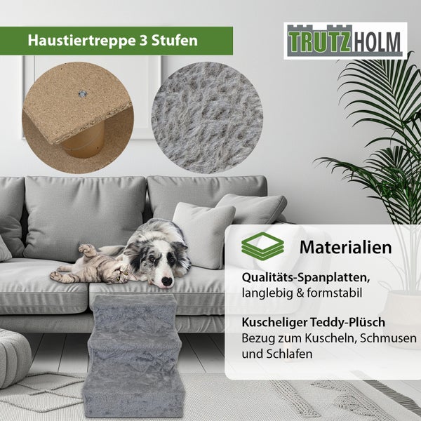Haustiertreppe 3 Stufen Hundetreppe 75 kg Tragkraft waschbarer Plüschbezug niedrige Stufenhöhe grau