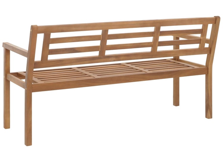Gartenbank aus Holz mit Rückenlehne und Armlehnen, Sitzfläche und Rückenlehne in Latten-Optik.