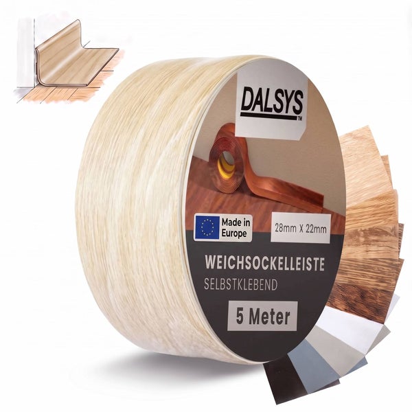 Dalsys selbstklebende Weichsockelleiste in Holzoptik, 28 Millimeter mal 22 Millimeter, 5 Meter Rolle, hergestellt in Europa.