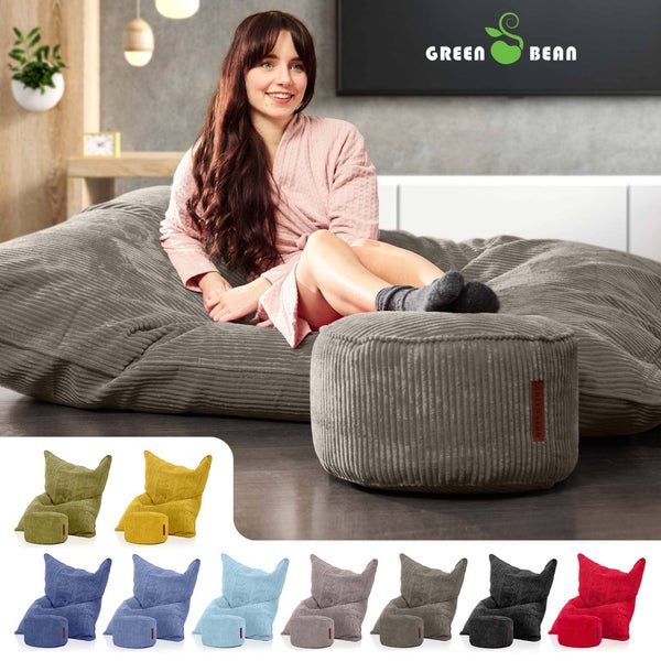 Green Bean Sitzsack + Pouf im Set - XXL Riesensitzsack mit passenden Fußhocker | EPS Füllung Bean Bag Bodenkissen Liegekissen Sitzkissen Indoor Drinnen Waschbar Anthrazit