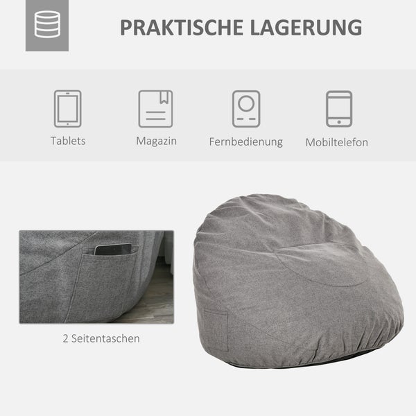 HOMCOM Sitzsack aufblasbares Sofa Bodensessel Sitzkissen gepolstert mit 2 Seitentaschen waschbar für Wohnzimmer Liege Schlafzimmer Polyester-Gewebe Schaumstoff-Füllung Dunkelgrau Ø115x71 cm
