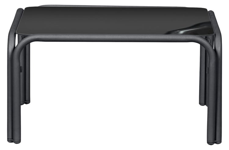 Schwarzer rechteckiger Beistelltisch mit Glasplatte und einem Gestell aus Metallrohren.