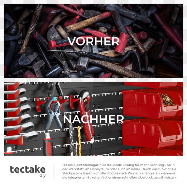 Kleinteilemagazin tectake  inklusive Halterungen für Werkzeug und Zubehör 88-teilig, mit 4 Wandplatten schwarz