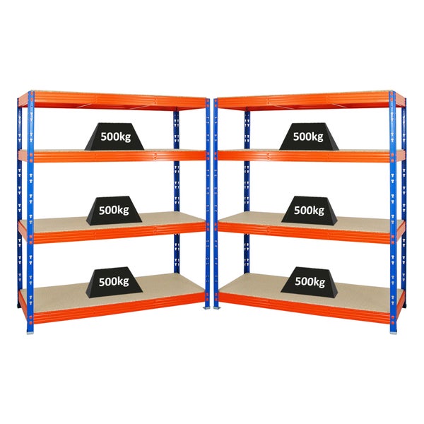 PROREGAL Mega Deal 2x Profi Schwerlastregal Rhino HxBxT 180 x 160 x 60 cm 4 Spanplatten-Ebenen 16mm Fachlast 500 kg Blau-Orange