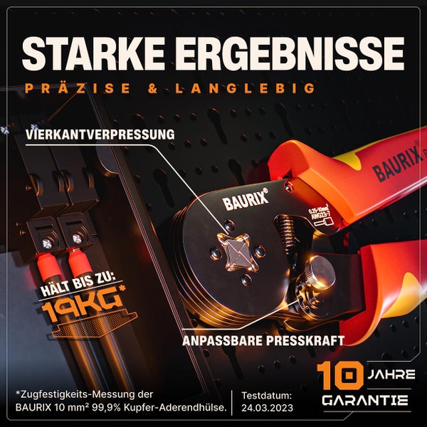 BAURIX® Crimpzange für Aderendhülsen, Selbsteinstellende Krimpzange 0,25-10mm², Ergonomische Presszange, Crimp Zange für isolierte & unisolierte Aderendhülsen, Crimpwerkzeug - Modell: PERSEUS (4-Kant)