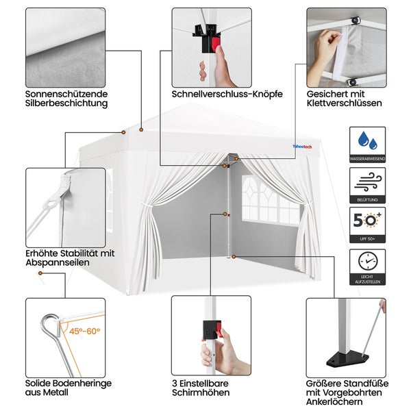 Pavillon mit Sonnenschutzbeschichtung, Schnellverschlussknöpfen, Klettverschlüssen, Abspannseilen, Metallheringen, einstellbarer Höhe und Standfüßen mit Ankerlöchern.