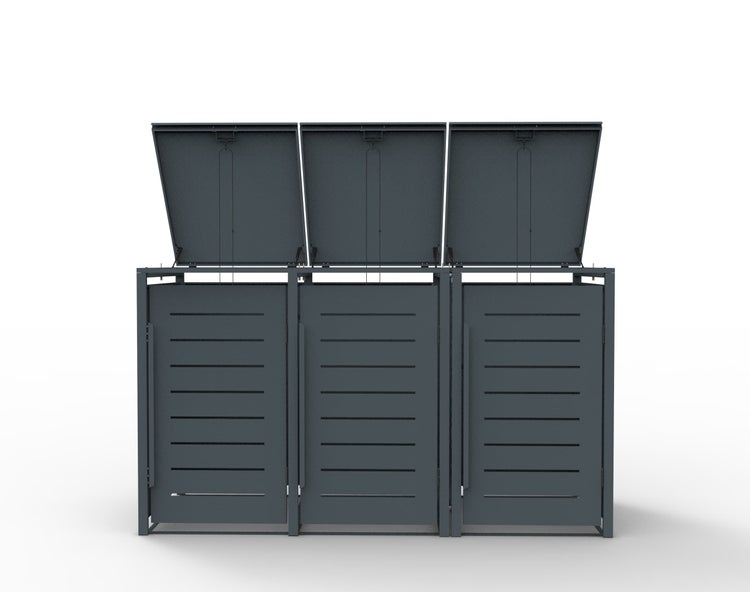 Mülltonnenbox für drei Mülltonnen mit jeweils geöffnetem Deckel