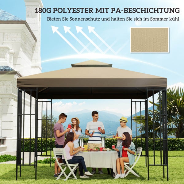 Gartenpavillon mit schwarzem Metallgestell und beigem Doppeldach aus 180 Gramm Polyester bietet Sonnenschutz für eine Gruppe im hellen Garten.