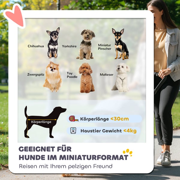 PawHut Hundewagen Hundebuggy klappbar für Hunde & Katzen bis 4 kg Katzenbuggy mit Netzfenstern, Schultergurt, Aufbewahrungstasche, Becherhalter Regenschirm Katzenwagen Hellgrau