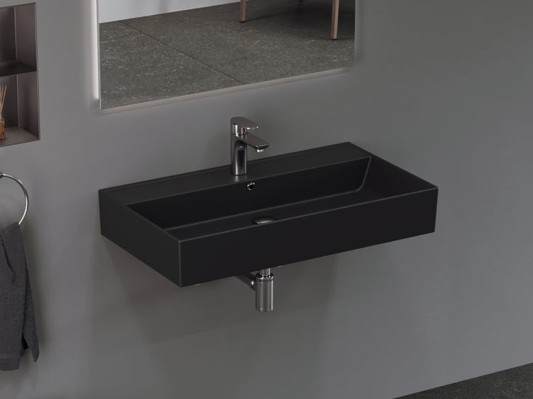 Aqua Bagno Basic Plan Waschbecken 10.16.30.06.04 – 80 x 45 cm – Schwarz Matt – Keramikbecken mit Hahnloch & Überlauf