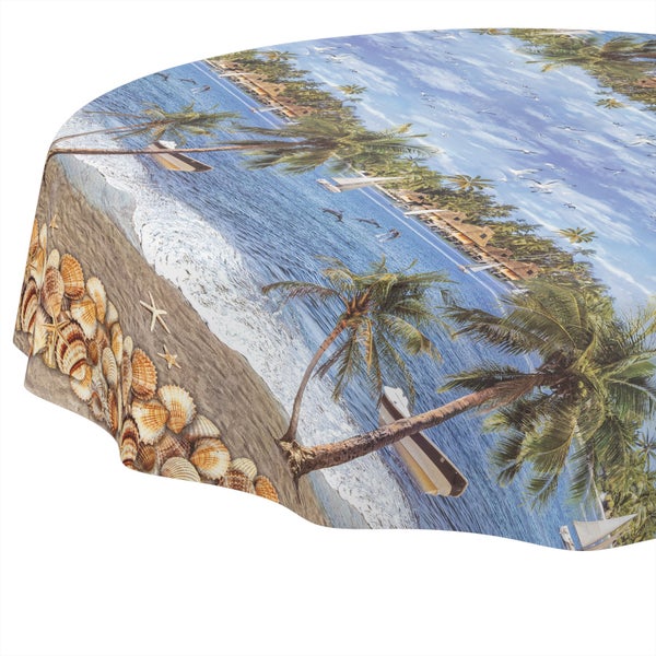 Abwaschbare Tischdecke mit tropischem Strandmotiv, Palmen und Muscheln.