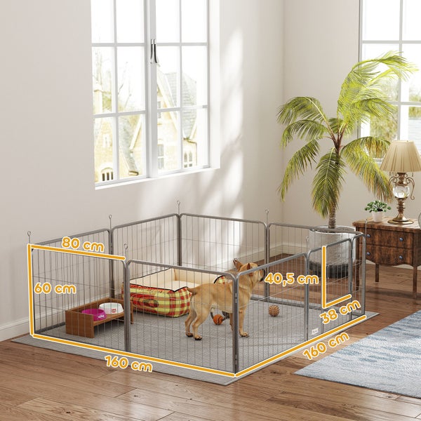 PawHut Welpenauslauf 60 cm Hoch, 8-TLG Hundelaufstall Welpenlaufstall mit Gurt und Tür, Freilaufgehege für kleine Hunde, Meerschweinchen, Kaninchen, Stahl, Silber