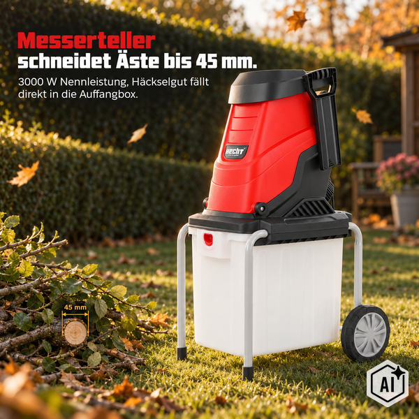 Hecht Gartenhäcksler mit 3000 Watt Motor und Auffangbehälter für Äste bis 45 Millimeter Durchmesser für den Einsatz im Garten.